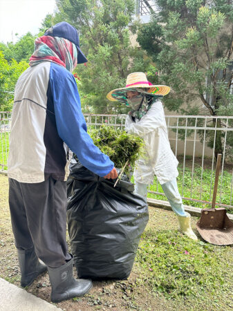 จัดการนำหญ้าลงกระสอบ/ถุงดำ เพื่อเตรียมนำไปทิ้งภายนอก ในพื้นที่ทิ้งขยะเอกชน
