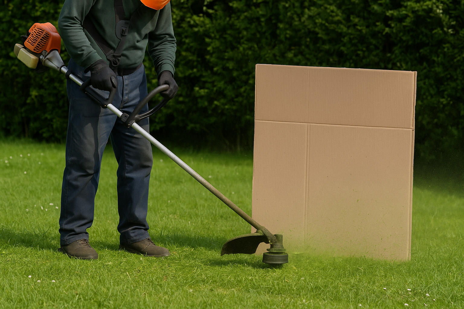 นำกระดาฒาป้องกันเศษหินกระเด็นจากการตัดหญ้า